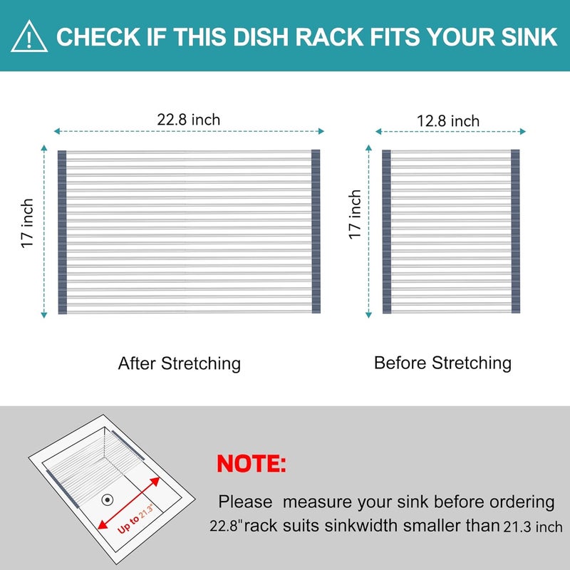 BBXTYLY Extra Large Expandable Roll Up Dish Drying Rack,Over The Sink Drying Rack Sink Cover Kitchen Sink Accessories Kitchen Rolling up Stainless Steel Drainer, Foldable,Rollable（Grey，22.8''-17''） - Image 2